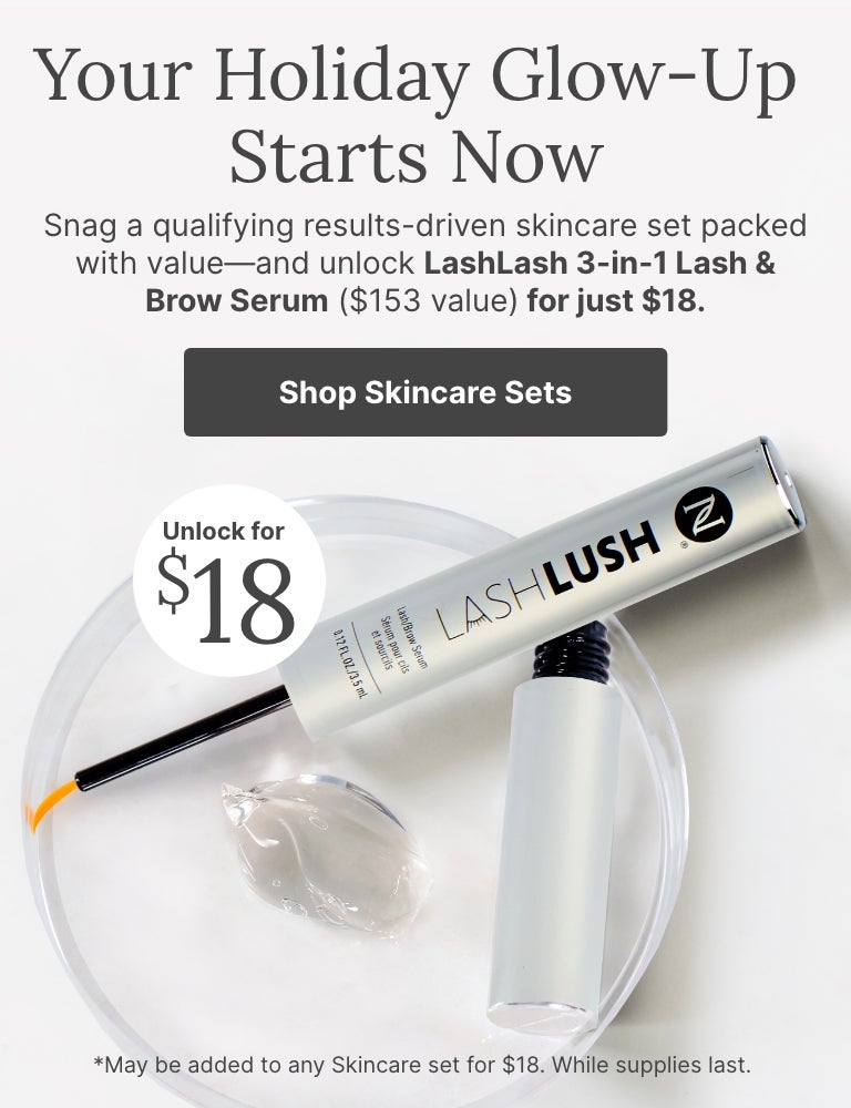 Holiday skincare promotion featuring LashLash 3-in-1 Lash & Brow Serum on a clear dish with gel, highlighting limited-time $15 offer ($114 value) when purchased with qualifying skincare sets.